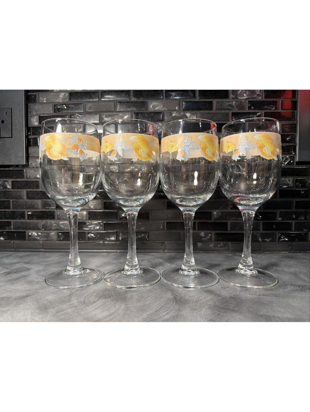 Vintage Set of 4 Luminarc France Floral Wine Glasses Yellow Flowers Stemware